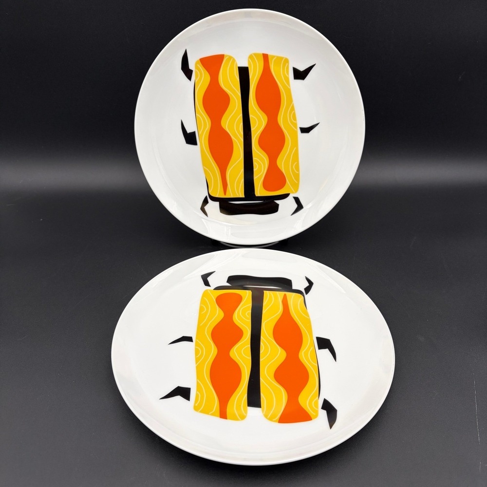 Crate & Barrel Jane Dixon Retro‎ Beetle Bug Dinner Plates Yellow Orange Set of 2